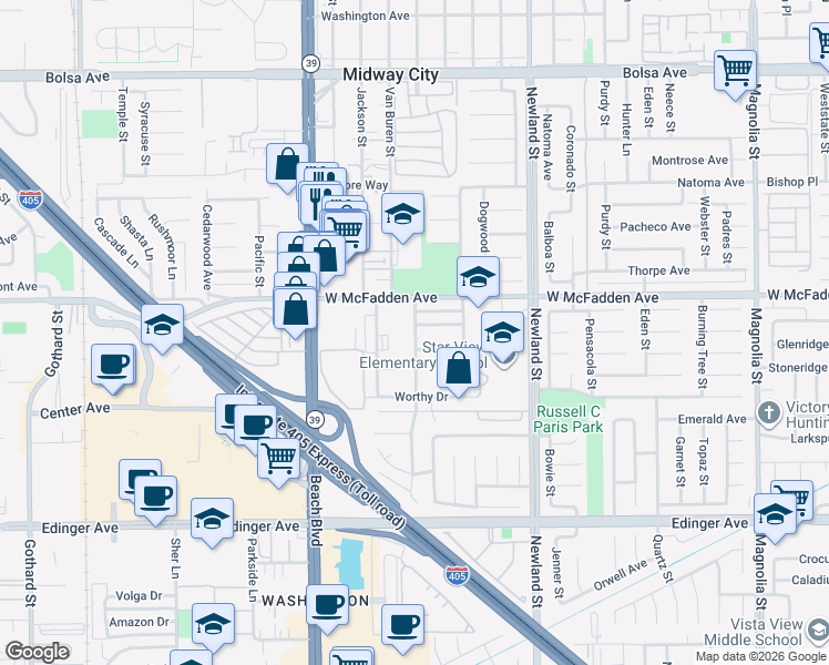 map of restaurants, bars, coffee shops, grocery stores, and more near 15531 Monroe Street in Midway City