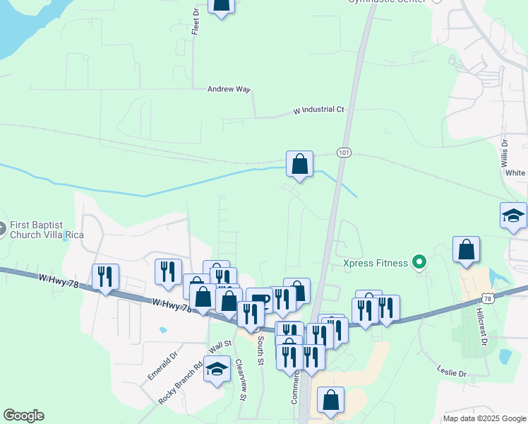 map of restaurants, bars, coffee shops, grocery stores, and more near 100 Leggett Drive in Villa Rica