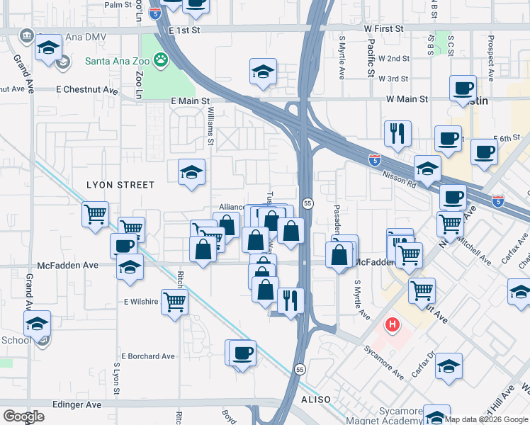 map of restaurants, bars, coffee shops, grocery stores, and more near 15631 Tustin Village Way in Tustin