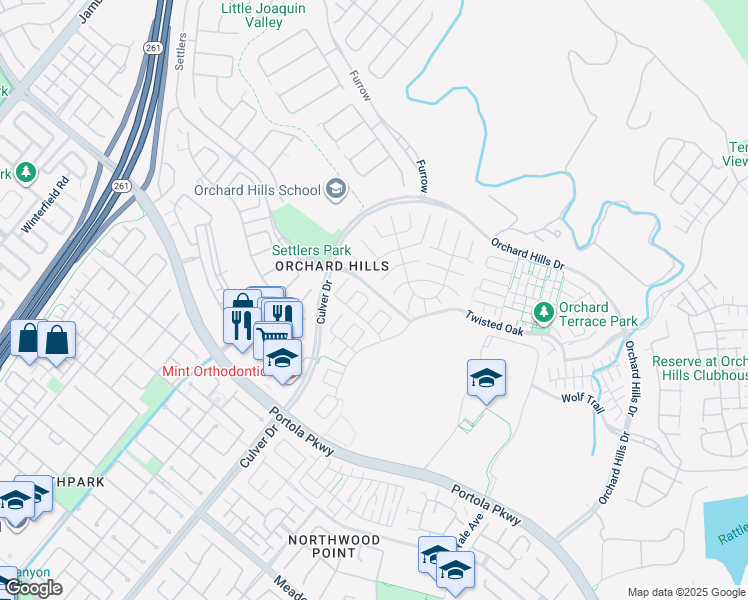 map of restaurants, bars, coffee shops, grocery stores, and more near 62 Wrangler in Irvine