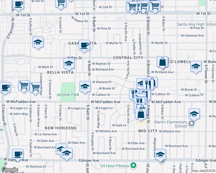 map of restaurants, bars, coffee shops, grocery stores, and more near 1645 West Brook Street in Santa Ana