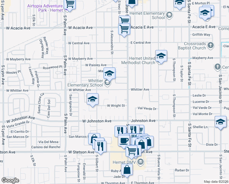 map of restaurants, bars, coffee shops, grocery stores, and more near 261 West Whittier Avenue in Hemet