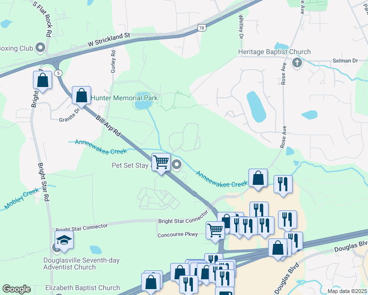 map of restaurants, bars, coffee shops, grocery stores, and more near 813 Spring Creek Way in Douglasville