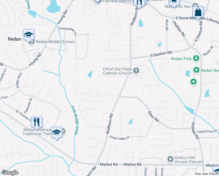 map of restaurants, bars, coffee shops, grocery stores, and more near 5964 Giles Road in Lithonia