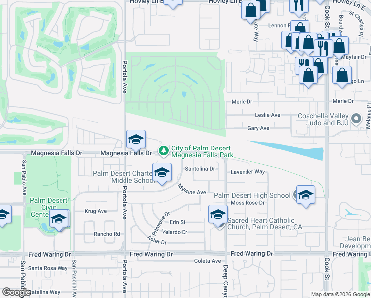 map of restaurants, bars, coffee shops, grocery stores, and more near 74350 Magnesia Falls Drive in Palm Desert