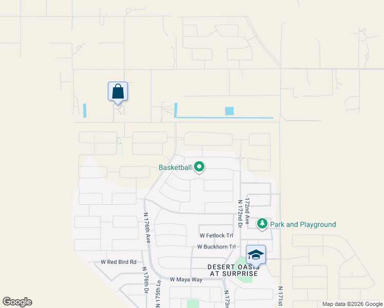 map of restaurants, bars, coffee shops, grocery stores, and more near 17442 West Blue Sky Road in Surprise