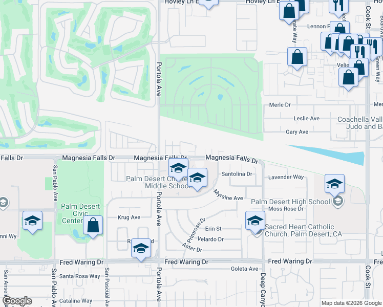 map of restaurants, bars, coffee shops, grocery stores, and more near 270 Vía Rengo in Palm Desert