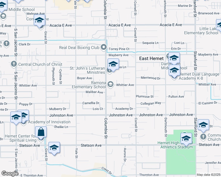 map of restaurants, bars, coffee shops, grocery stores, and more near 41051 East Whittier Avenue in Hemet