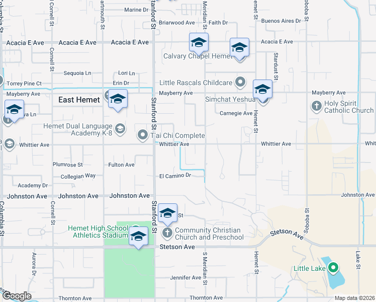 map of restaurants, bars, coffee shops, grocery stores, and more near 26532 Del Rosa Drive in Hemet