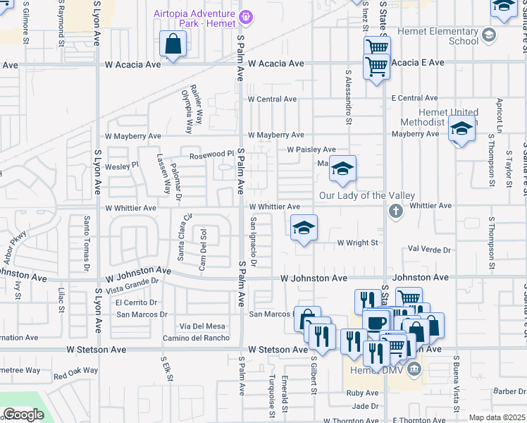 map of restaurants, bars, coffee shops, grocery stores, and more near 820 San Luis Drive in Hemet