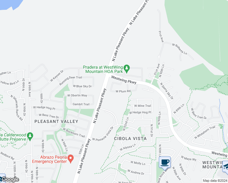 map of restaurants, bars, coffee shops, grocery stores, and more near 9320 West Plum Road in Peoria