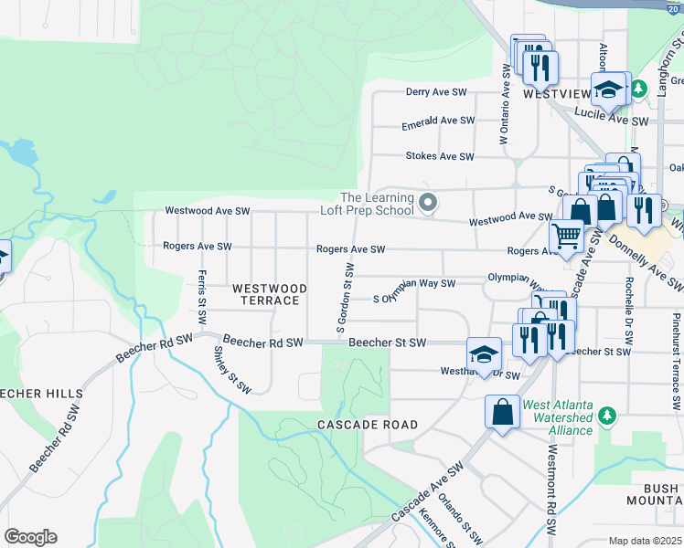 map of restaurants, bars, coffee shops, grocery stores, and more near 1847 South Gordon Street Southwest in Atlanta