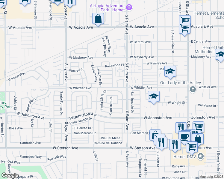 map of restaurants, bars, coffee shops, grocery stores, and more near 290 Santa Clara Circle in Hemet