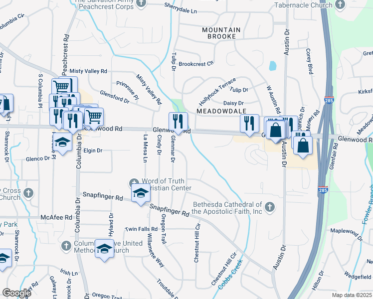 map of restaurants, bars, coffee shops, grocery stores, and more near 1864 Glen Echo Drive in Decatur