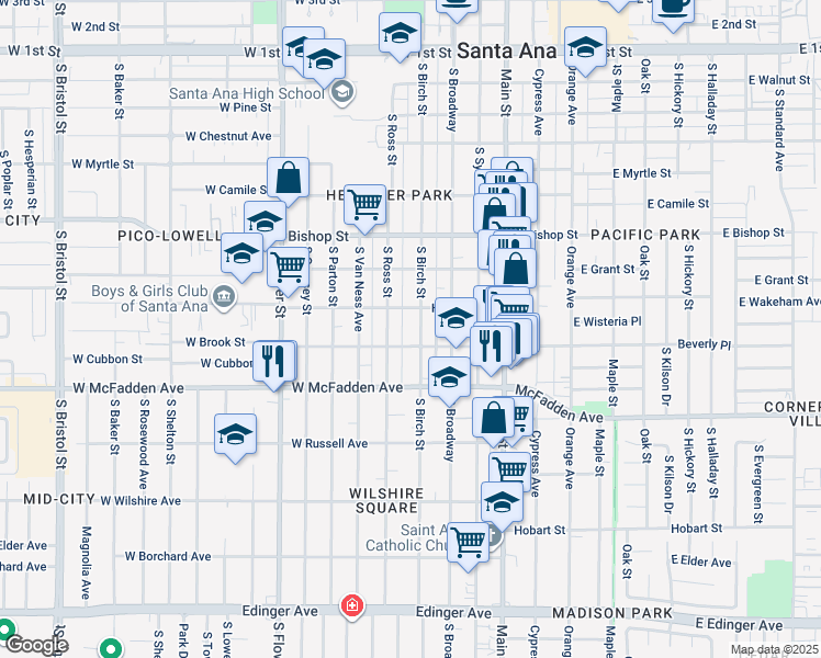 map of restaurants, bars, coffee shops, grocery stores, and more near 818 South Birch Street in Santa Ana