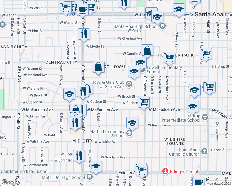 map of restaurants, bars, coffee shops, grocery stores, and more near 825 South Shelton Street in Santa Ana