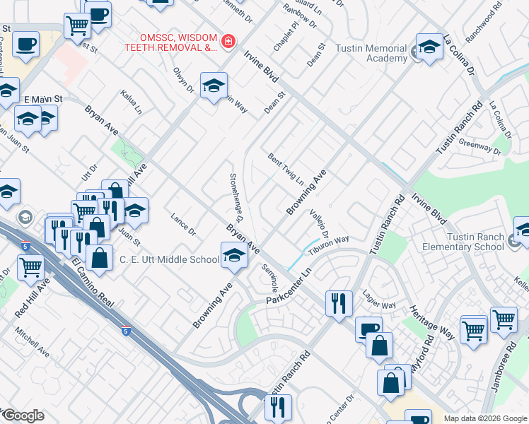 map of restaurants, bars, coffee shops, grocery stores, and more near 13336 Bubbling Well Road in Tustin