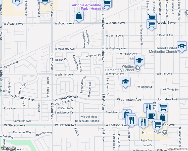 map of restaurants, bars, coffee shops, grocery stores, and more near 250 Santa Clara Circle in Hemet
