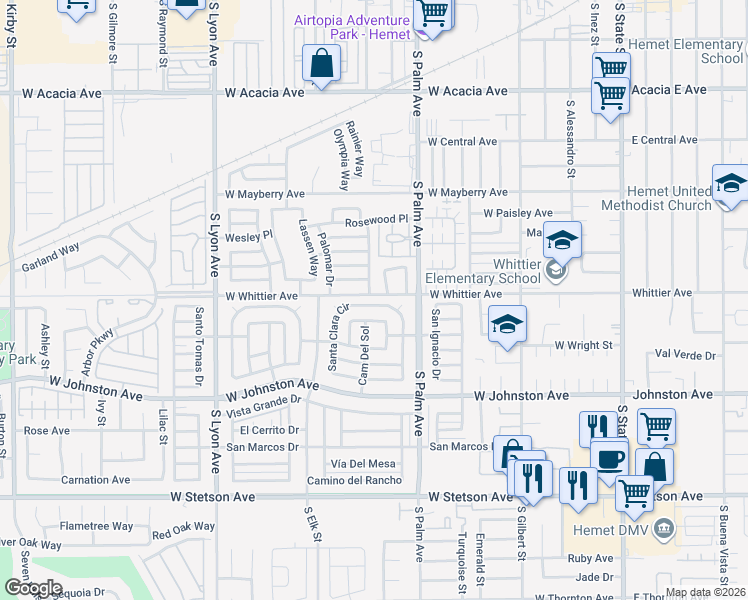 map of restaurants, bars, coffee shops, grocery stores, and more near 270 Santa Clara Circle in Hemet