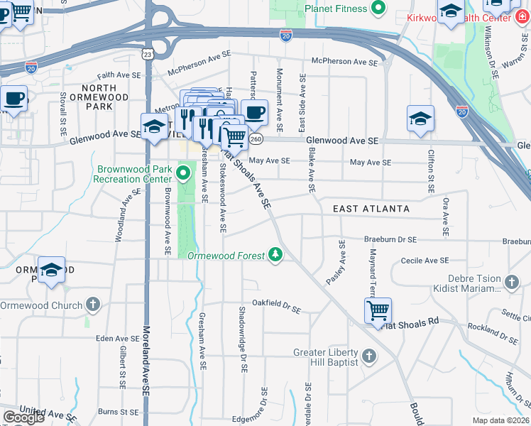 map of restaurants, bars, coffee shops, grocery stores, and more near 641 Flat Shoals Avenue Southeast in Atlanta