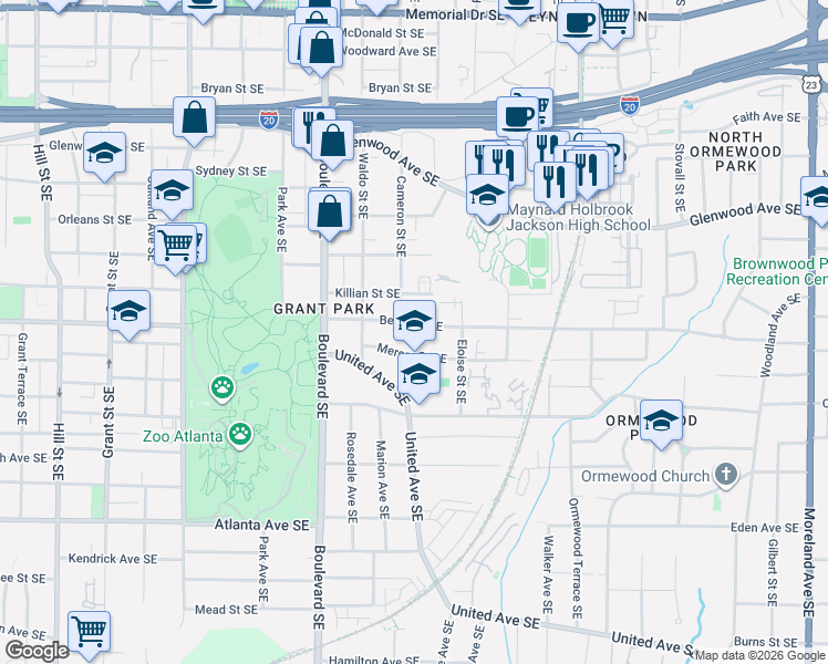 map of restaurants, bars, coffee shops, grocery stores, and more near 691 Berne Street Southeast in Atlanta