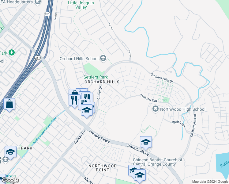 map of restaurants, bars, coffee shops, grocery stores, and more near 62 Wrangler in Irvine