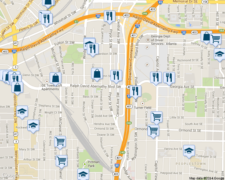 map of restaurants, bars, coffee shops, grocery stores, and more near 676 Pryor Street Southwest in Atlanta