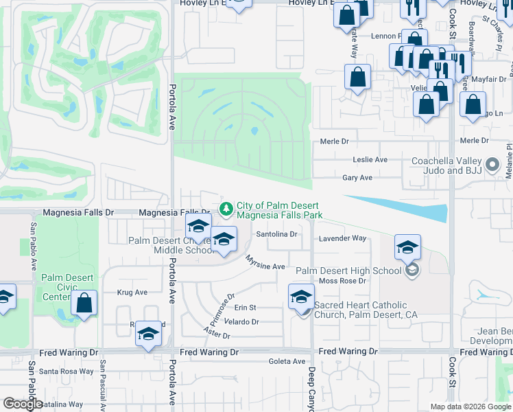 map of restaurants, bars, coffee shops, grocery stores, and more near 74350 Magnesia Falls Drive in Palm Desert