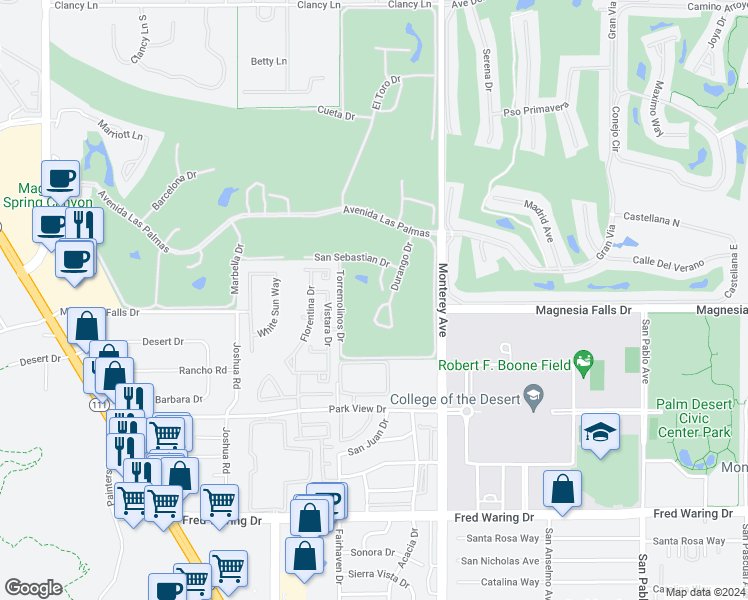 map of restaurants, bars, coffee shops, grocery stores, and more near 25 Ronda Drive in Rancho Mirage