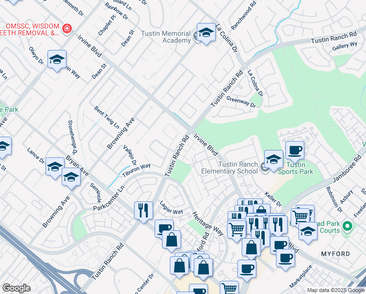 map of restaurants, bars, coffee shops, grocery stores, and more near 13081 Arborwalk Lane in Tustin