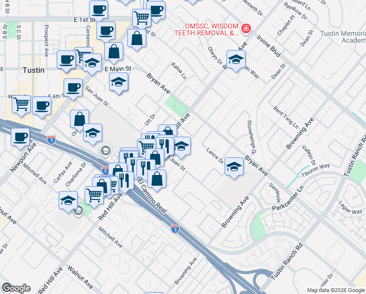 map of restaurants, bars, coffee shops, grocery stores, and more near 13662 Red Hill Avenue in Tustin