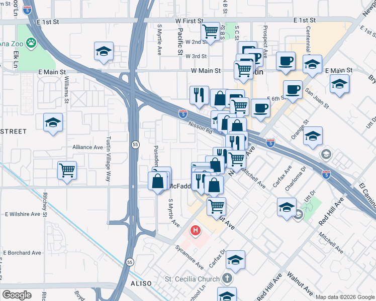 map of restaurants, bars, coffee shops, grocery stores, and more near 15622 Pacific Street in Tustin