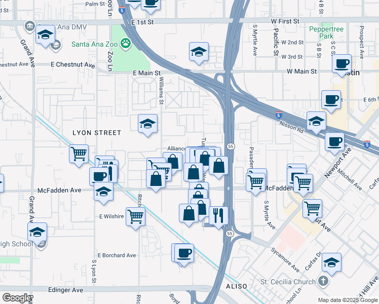 map of restaurants, bars, coffee shops, grocery stores, and more near 16642 Alliance Avenue in Tustin