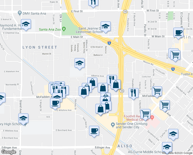 map of restaurants, bars, coffee shops, grocery stores, and more near 16546 Alliance Avenue in Tustin