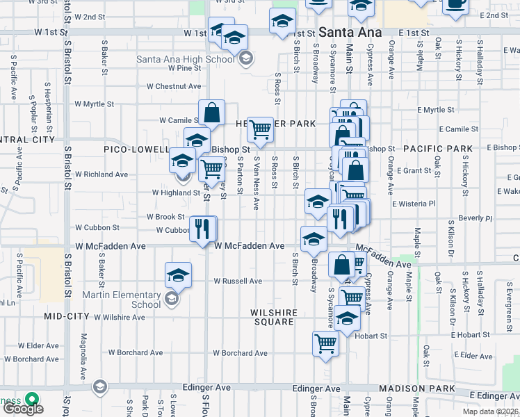 map of restaurants, bars, coffee shops, grocery stores, and more near 815 South Van Ness Avenue in Santa Ana
