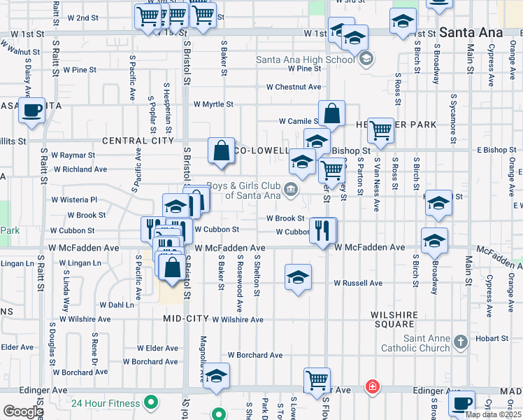 map of restaurants, bars, coffee shops, grocery stores, and more near 819 South Shelton Street in Santa Ana