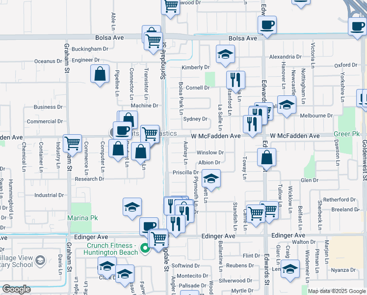 map of restaurants, bars, coffee shops, grocery stores, and more near 6062 Vane Circle in Huntington Beach