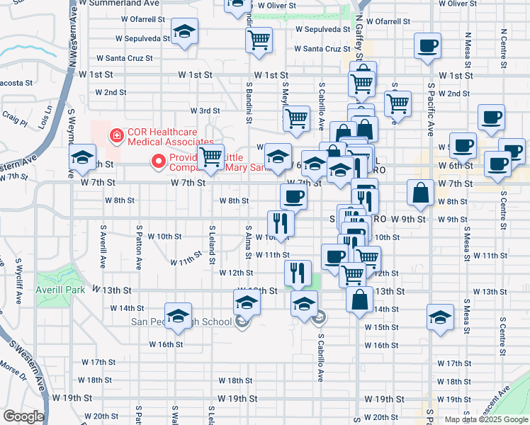 map of restaurants, bars, coffee shops, grocery stores, and more near 927 West 8th Street in Los Angeles