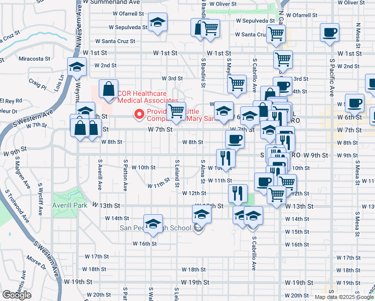 map of restaurants, bars, coffee shops, grocery stores, and more near 1072 West 9th Street in Los Angeles