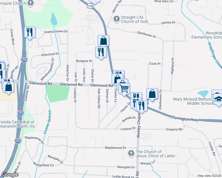 map of restaurants, bars, coffee shops, grocery stores, and more near 4893 Glenwood Road in Decatur