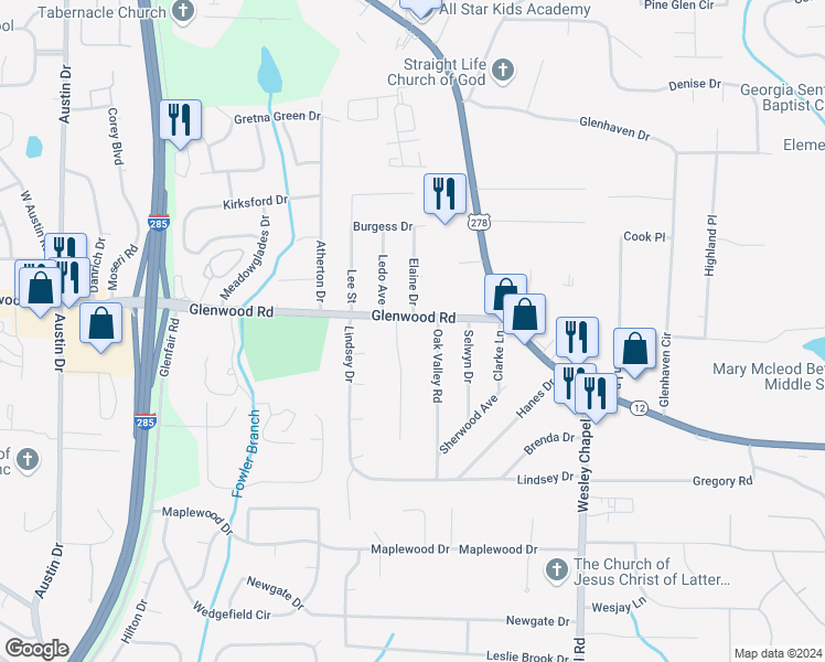 map of restaurants, bars, coffee shops, grocery stores, and more near in DeKalb County