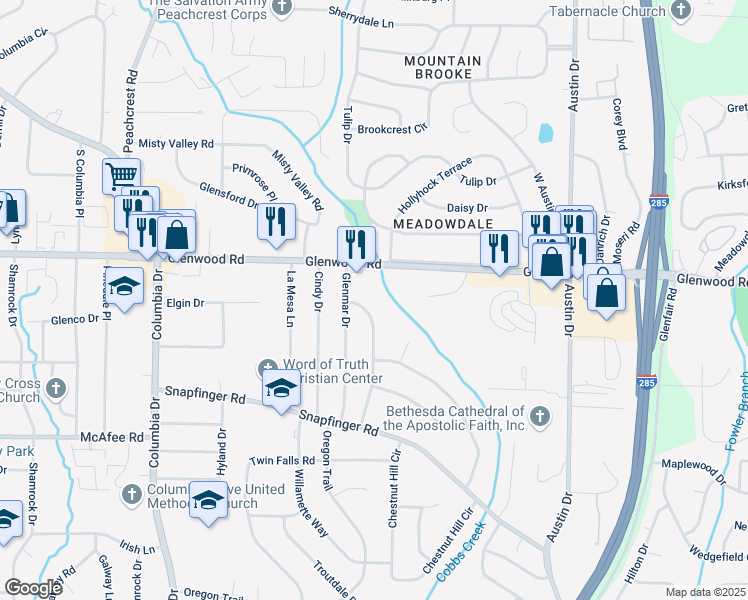 map of restaurants, bars, coffee shops, grocery stores, and more near 1864 Glen Echo Drive in Decatur