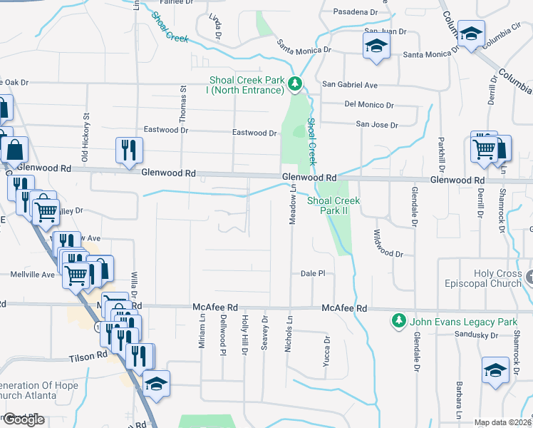 map of restaurants, bars, coffee shops, grocery stores, and more near 1873 Long Drive in Decatur