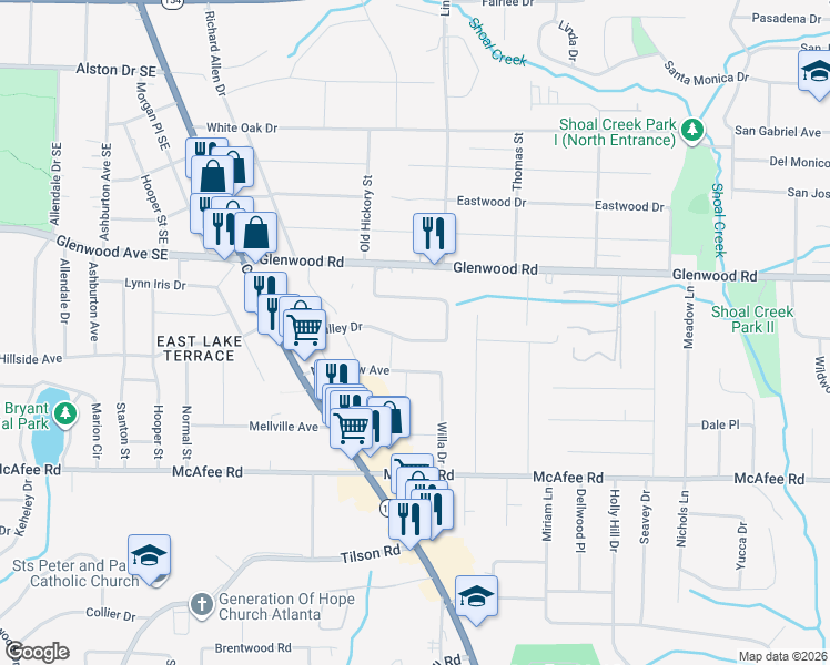 map of restaurants, bars, coffee shops, grocery stores, and more near 2638 Glenvalley Drive in Decatur