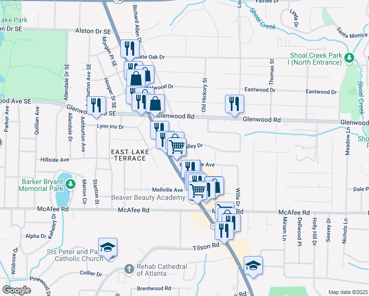 map of restaurants, bars, coffee shops, grocery stores, and more near 1880 Eastfield Street in Decatur