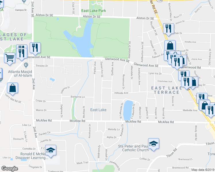map of restaurants, bars, coffee shops, grocery stores, and more near 2238 Brunswick Avenue Southeast in Decatur