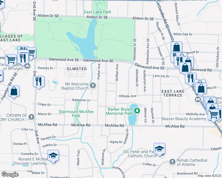 map of restaurants, bars, coffee shops, grocery stores, and more near 2238 Brunswick Avenue Southeast in Decatur