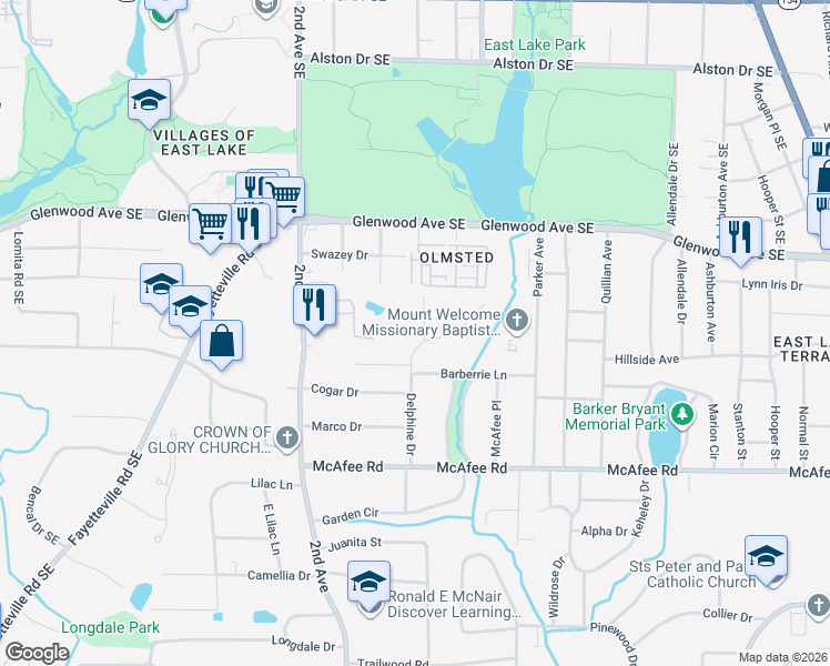 map of restaurants, bars, coffee shops, grocery stores, and more near 1881 Burning Tree Drive in Decatur