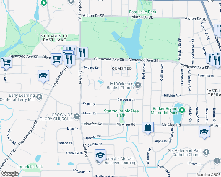 map of restaurants, bars, coffee shops, grocery stores, and more near 1881 Burning Tree Drive in Decatur