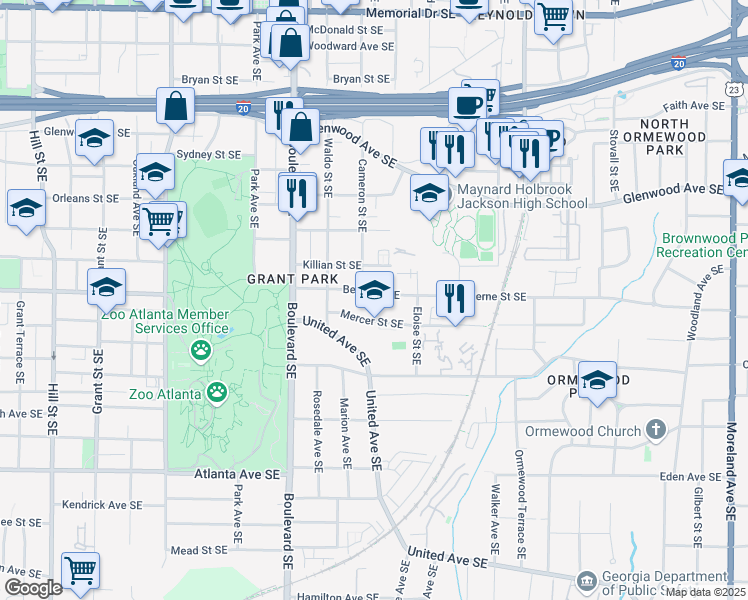 map of restaurants, bars, coffee shops, grocery stores, and more near 691 Berne Street Southeast in Atlanta